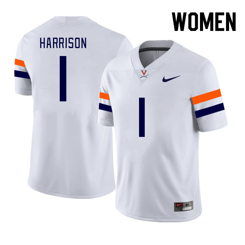 Women #1 Suderian Harrison Virginia Cavaliers College Football Jerseys Stitched Sale-White - Click Image to Close